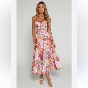 Showpo Floral Pink and Orange Midi Dress